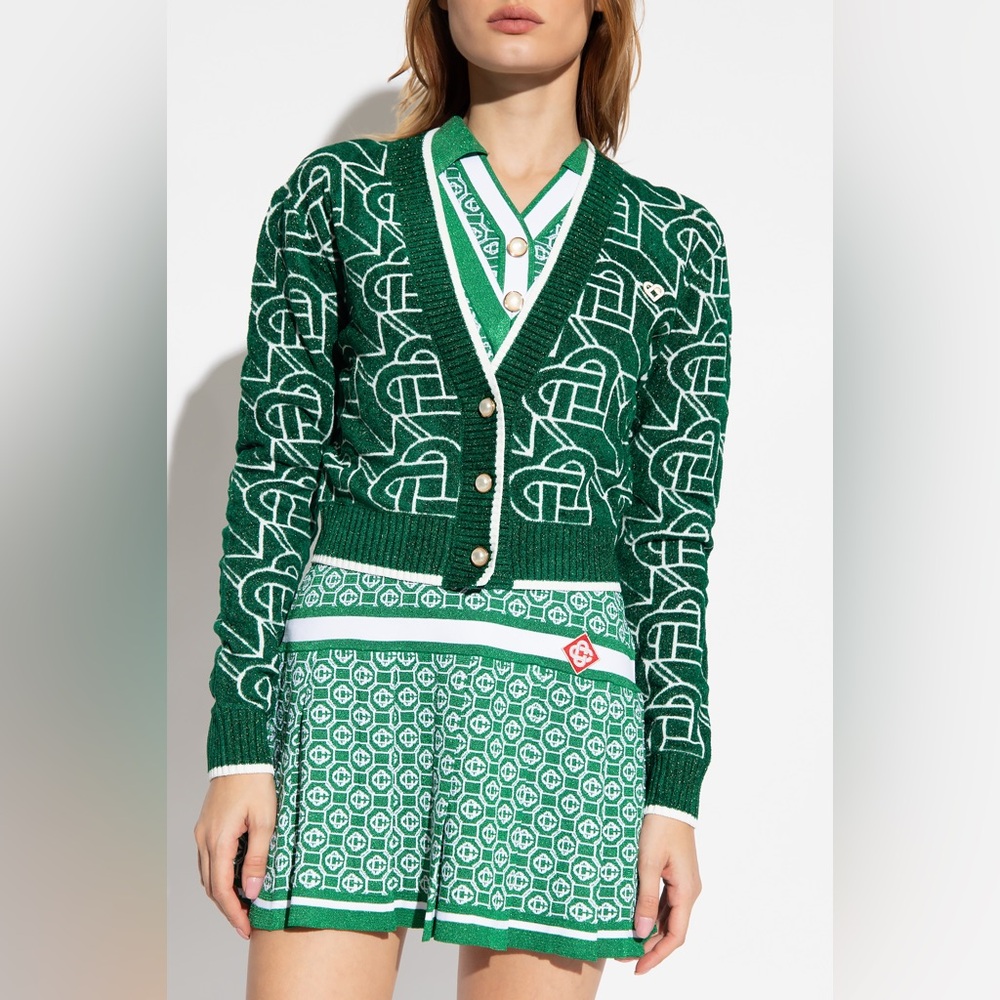 Casablanca Heart Monogram Jacquard Lurex Cardigan Green Size S Tennis Club Small